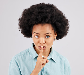 Image showing Secret, portrait and woman with finger on lips in studio, white background and privacy sign. Face of female model, silence and shush for quiet, gossip and whisper emoji for confidential mystery news