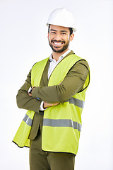 Image showing Construction, smile and portrait of engineer in studio with suit, vest and helmet on white background. Happiness, proud contractor with safety and confidence, professional Indian man with happy face.