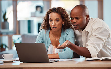 Image showing Budget, finance and black couple with laptop at table checking online banking email with concern. Computer, man and woman planning financial investment, bank payment report and taxes with internet.