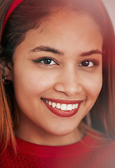 Image showing Happy, smile and portrait of woman in studio for natural, satisfaction and youth. Happiness, relax and cool with face of female model smiling on background for elegant, lens flare and glow