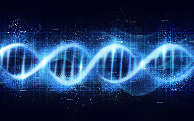 Image showing DNA, genetic code isolated on black background, science with neon blue light and ai generated. Evolution, helix and molecular structure, genome cell and RNA, gene with link and technology abstract