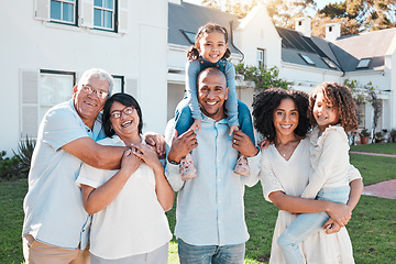 Image showing Happy, smile and portrait of big family at home for bonding, generations and carefree. Happiness, weekend and grandparents with children and parents on lawn of house for support, cheerful and joy