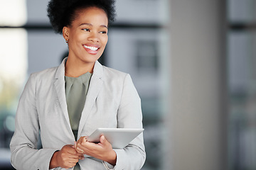 Image showing Tablet, thinking and mockup with a business woman in her office, planning for the future growth of her company. Idea, technology and mindset with an african american female employee happy at work