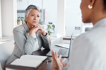 Image showing Listening, meeting and business women with advice, support or discussion at financial advisor office for career growth. Proposal, planning and woman speaking to client, boss or manager of job ideas