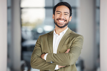 Image showing Happy, smile and portrait of man in office for business, professional and executive. Mission, happiness and pride with employee in startup agency for entrepreneur, agent and joy with mockup