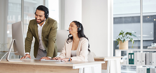 Image showing Call center, team and training, consultant and advisor, CRM and contact us, collaboration and happy people. Customer service, telemarketing and tech support, man and woman work together at computer