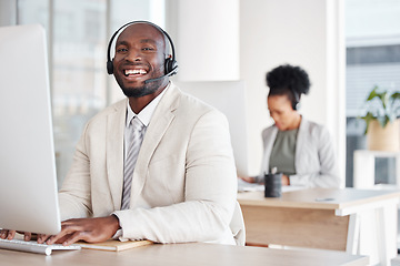 Image showing Call center, portrait and black man consulting for crm, telemarketing and customer service with a smile. Happy, face and male consultant in office for online help, support and faq or contact us