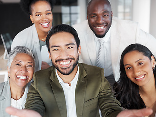 Image showing Happy, selfie and portrait of business people in the office having fun while in a meeting. Happiness, diversity and corporate team of friends with a smile while taking a picture together in workplace