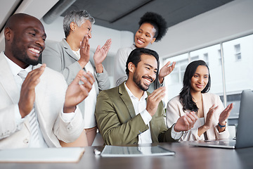 Image showing Laptop, business people and clapping hands in meeting for proposal, logo or reveal in office. Team, applause and corporate success by group celebrating achievement, project and job well done together