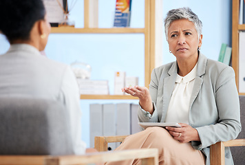 Image showing Therapy, woman and psychologist with question, consultation and discussion for mental health issues. Therapist, medical professional or female client in session, conversation or advice for depression