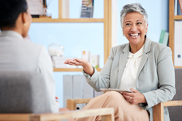 Image showing Happy woman, therapist and therapy advice, mental health questions and speaking to client in consultation. Tablet, results and progress of psychologist person talking to patient for help or support