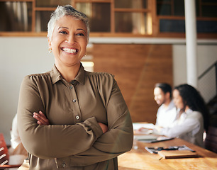 Image showing Happy, leadership and portrait of a woman with arms crossed for a meeting, seminar or work training. Smile, pride and a corporate employee with confidence in a team conference or coaching a group