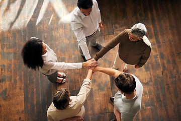 Image showing Teamwork, above and people hands stacked for support, collaboration and project mission for business startup. Group circle, women and men, together hand sign and community goals or career solidarity