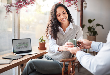 Image showing Serving, remote work and a woman with a coffee from a waiter at a restaurant. Happy, service and a worker giving a girl a warm beverage while working on a laptop at a cafe on a break in the morning