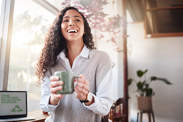 Image showing Coffee shop, happy woman and laptop screen for business startup, remote work or recycling project and sustainability. Happy biracial person at Internet cafe for website ideas, inspiration or planning