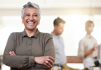 Image showing Happy, pride and portrait of a woman with arms crossed in a meeting, seminar or workshop. Smile, leadership and elderly ceo smiling for success of a company at a conference or coworking space