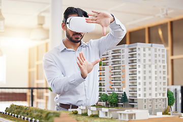 Image showing Architect, man and virtual reality architecture model, construction and building with future technology and UX. VR goggles, design and engineering, metaverse and simulation of property development