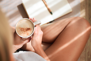 Image showing Above, relax and a woman with coffee and notebook for writing in the morning. Calm, relaxation and a girl with a drink and a book for reflection, journaling or mental health in a house on the weekend