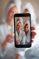 Image showing Woman, friends and portrait selfie in beauty spa for relaxation, skincare or facial treatment at resort. Happy women smiling for profile picture, photo or vlog in zen, body care or wellness at salon