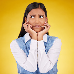 Image showing Thinking, confused and woman in doubt with anxiety, stress and ideas isolated on yellow background. Fear, concentration on face and difficult choice or thought for gen z model in studio mockup space.