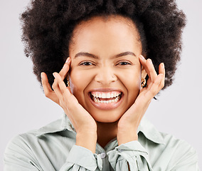 Image showing Winner, excited and portrait of black woman in studio with smile, confidence and happiness on white background. Promotion, success mockup and face of girl for good news, announcement and winning