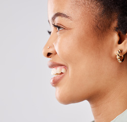 Image showing Black woman, profile closeup and happiness smile in a studio thinking and feeling relax. Isolated, white background and happy model face with youth and natural afro with female empowerment and idea