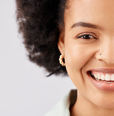 Image showing Face, happy and portrait of black woman in studio with smile, confidence and happiness on white background. Advertising, success mockup and half of girl with positive mindset, pride and empowerment