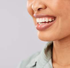 Image showing Smile, dental teeth and face of black woman in studio isolated on a white background mockup. Tooth care, cosmetics and happiness of female model or person with lip makeup and oral health for wellness