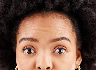 Image showing Shock, expression and the portrait closeup of a black woman with an afro on a studio background. Wow, express and an African girl expressing shock, surprise and amazement with face in disbelief