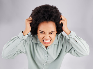 Image showing Angry, frustrated and woman portrait with hair pull with stress and burnout. Mental health, face and anger problem from female with anxiety and extreme emotion in isolated studio with grey background