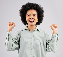 Image showing Excited, cheer and face of black woman in studio with winning, achievement and celebration for good news. Success, advertising and isolated girl on white background happy for deal, sale and discount