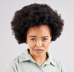 Image showing Confused, doubt and portrait of black woman in studio with puzzled, bored and annoyed facial expression. Emotions, mockup and girl on white background with bad attitude, unsure and disbelief face