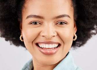 Image showing Face, happy and portrait of black woman in studio with smile, confidence and happiness on white background. Business, success mockup or closeup of girl with positive mindset, wellness and empowerment