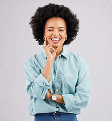 Image showing Confident, happy and portrait of black woman in studio with smile, positive mindset and happiness. Business, success mockup and face of girl with confidence, pride and empowerment on white background