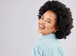 Image showing Space, happy and portrait of black woman in studio with smile, confidence and happiness on white background. Fashion, success mockup and face of girl with positive mindset, pride and empowerment