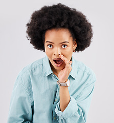 Image showing Gossip, wow and woman portrait in a studio telling a secret feeling shocked and surprised. Whisper, confidential news and female showing hand over mouth from privacy with isolated white background