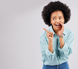 Image showing Gossip, wow and woman pointing in a studio telling a secret feeling shocked and surprised. Whisper, deal news and female with hand over mouth for privacy with isolated white background and mockup