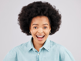 Image showing Excited, surprise and portrait of black woman in studio for good news, announcement and success. Winner mockup, wow face and happy girl for promotion, bonus or winning competition on white background