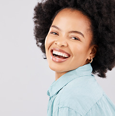 Image showing Face, happy and portrait of black woman in studio with smile, confident and happiness on white background. Business, success mockup space and excited girl with positive mindset, pride and empowerment