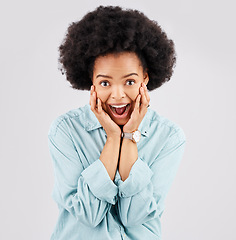 Image showing Excited, surprise and face of black woman in studio for winning, achievement and celebration for good news. Success, wow mockup and isolated girl on white background omg for deal, sale and discount