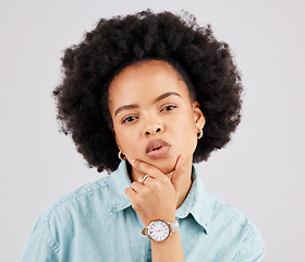 Image showing Fashion, beauty and portrait of a black woman in a studio with accessories, pout and positive mindset. Stylish, trendy and headshot of serious African female model posing isolated by gray background.