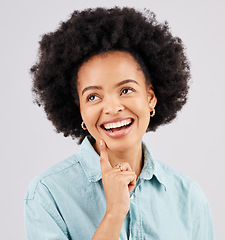 Image showing Thinking, happy and face of black woman in studio with smile, confidence and happiness on white background. Business advertising, success mockup and girl with positive mindset, ideas and empowerment