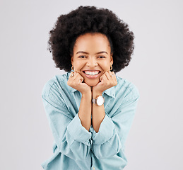 Image showing Face, excited and portrait of black woman in studio smile, for good news, winning and surprise on white background. Happy, success mockup and female with positive mindset, promotion and announcement