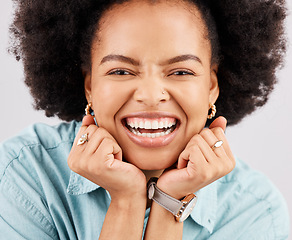 Image showing Face, excited and portrait of black woman in studio with smile, confidence and happiness on white background. Happy, success mockup and zoom of girl with positive mindset, promotion and winning bonus