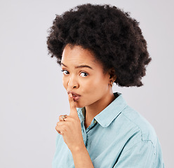 Image showing Privacy, portrait and woman with finger on lips in studio, white background and secret sign. Face of female model, silence and shush for quiet, gossip and whisper emoji for confidential, mystery news