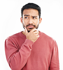 Image showing Confused man, thinking and why face in studio, white background and doubt of ideas, planning and questioning. Unsure male model curious of decisions, remember memory and reaction emoji for solution