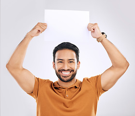 Image showing Poster, happy man and portrait mockup with marketing placard, studio advertising banner or product placement. Logo mock up, billboard or promotion sign for brand person isolated on white background