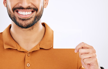 Image showing Business card mockup, happy man and studio smile with marketing placard, advertising contact info or product placement. Mock up copy space, promotion sign or brand person isolated on white background