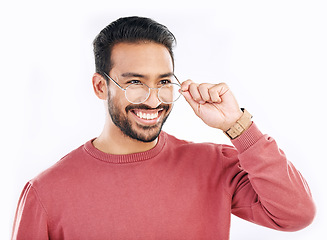 Image showing Glasses, studio and happy man face with a smile from eye care or prescription vision mockup. Isolated, white background or happiness of Asian male model in casual style fashion, frame or lens eyewear