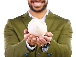 Image showing Smile, piggy bank in hands and businessman in studio with happy financial freedom and security savings. Happiness, Indian man with money box and saving by investing in small business startup plan.